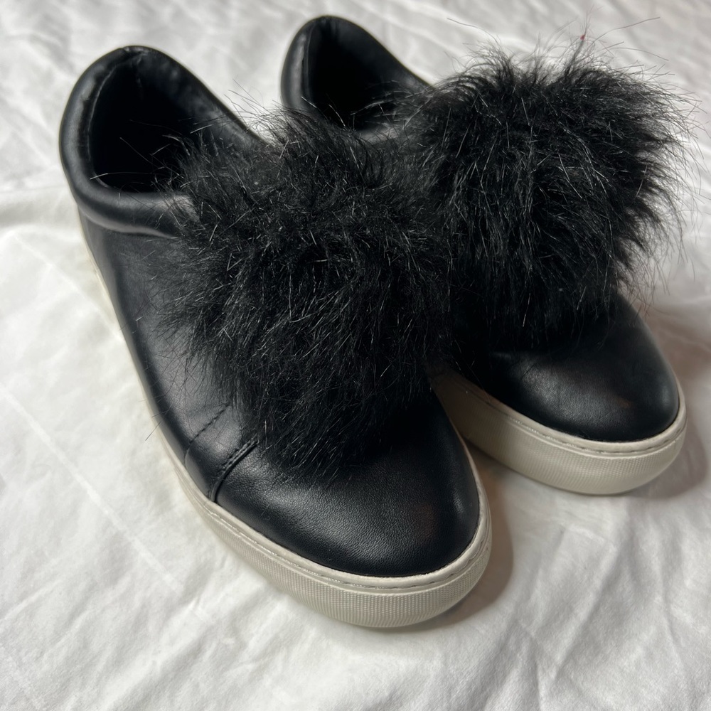 J Slides Black Leather Slip On Sneakers with Puff